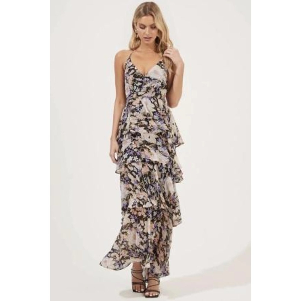 ASTR the Label Rosana Floral Tiered Ruffle Maxi Dress Black‎ Small